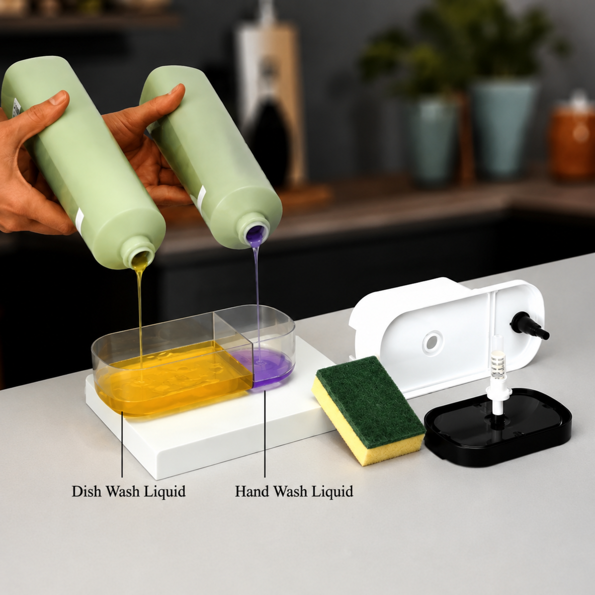 3-in-1 Kitchen Soap Dispenser – Hand Wash, Dish Wash & Sponge Holder + 10 FREE Steel Scrub