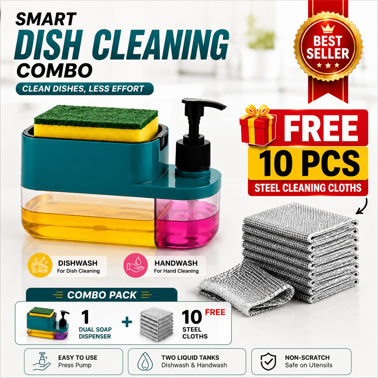 3-in-1 Kitchen Soap Dispenser – Hand Wash, Dish Wash & Sponge Holder + 10 FREE Steel Scrub