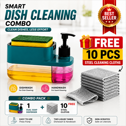 3-in-1 Kitchen Soap Dispenser – Hand Wash, Dish Wash & Sponge Holder + 10 FREE Steel Scrub