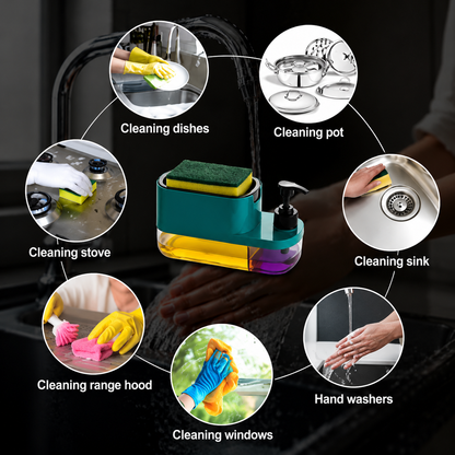 3-in-1 Kitchen Soap Dispenser – Hand Wash, Dish Wash & Sponge Holder + 10 FREE Steel Scrub